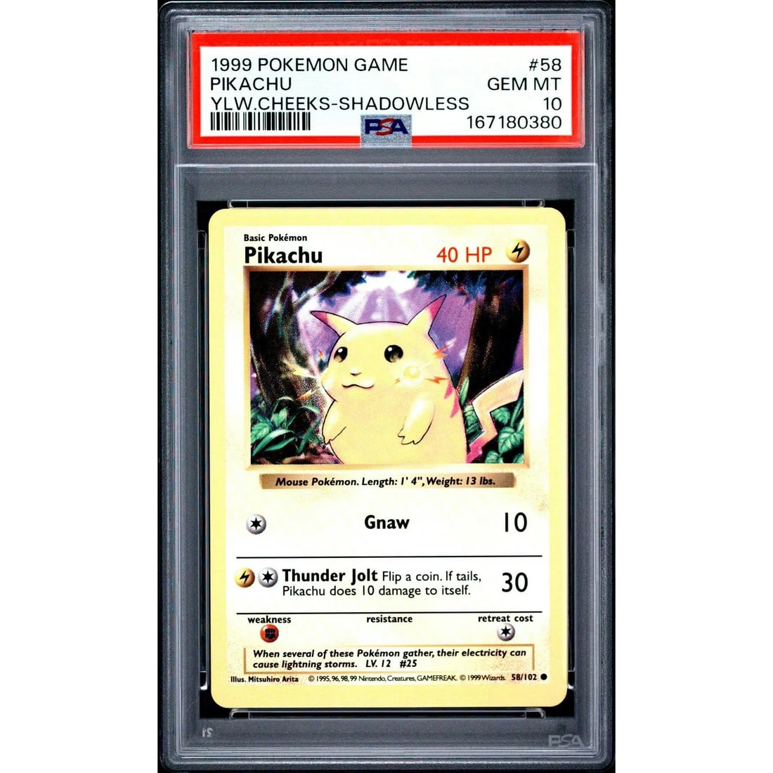 1999 Pokemon Game Pikachu Yellow Cheeks Shadowless #58 PSA 10 (1 of 3)