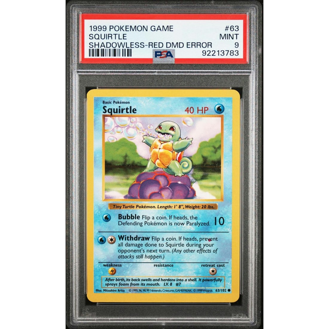 1999 Pokemon Game Squirtle Shadowless Red Diamond Error #63 PSA 9 (1 of 3)