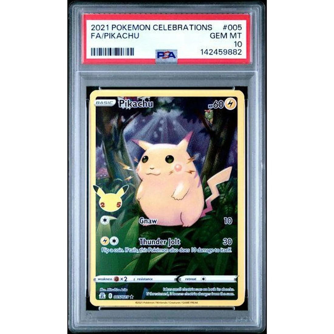 2021 Pokemon Celebrations Pikachu Full Art #005 PSA 10: Manufacturer: Pokemon Product: Pokemon Series: Celebrations Release Date: Not Announced Specifications Manufacturer: Pokemon Product: 2021 Pokemon Celebrations Pikachu Full Art #005 PSA 10 Year: 2021 