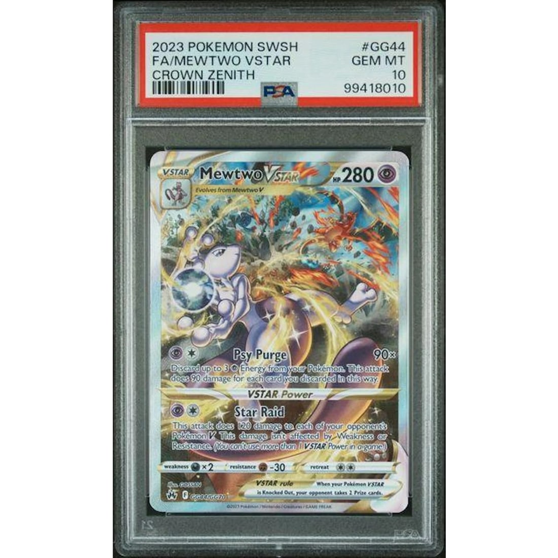 2023 Pokemon Crown Zenith Mewtwo VStar #GG44 PSA 10: Manufacturer: Pokemon Product: Pokemon Series: Crown Zenith Release Date: Not Announced Specifications Manufacturer: Pokemon Product: 2023 Pokemon Crown Zenith Mewtwo VStar #GG44 PSA 10 Year: 2023 Cat