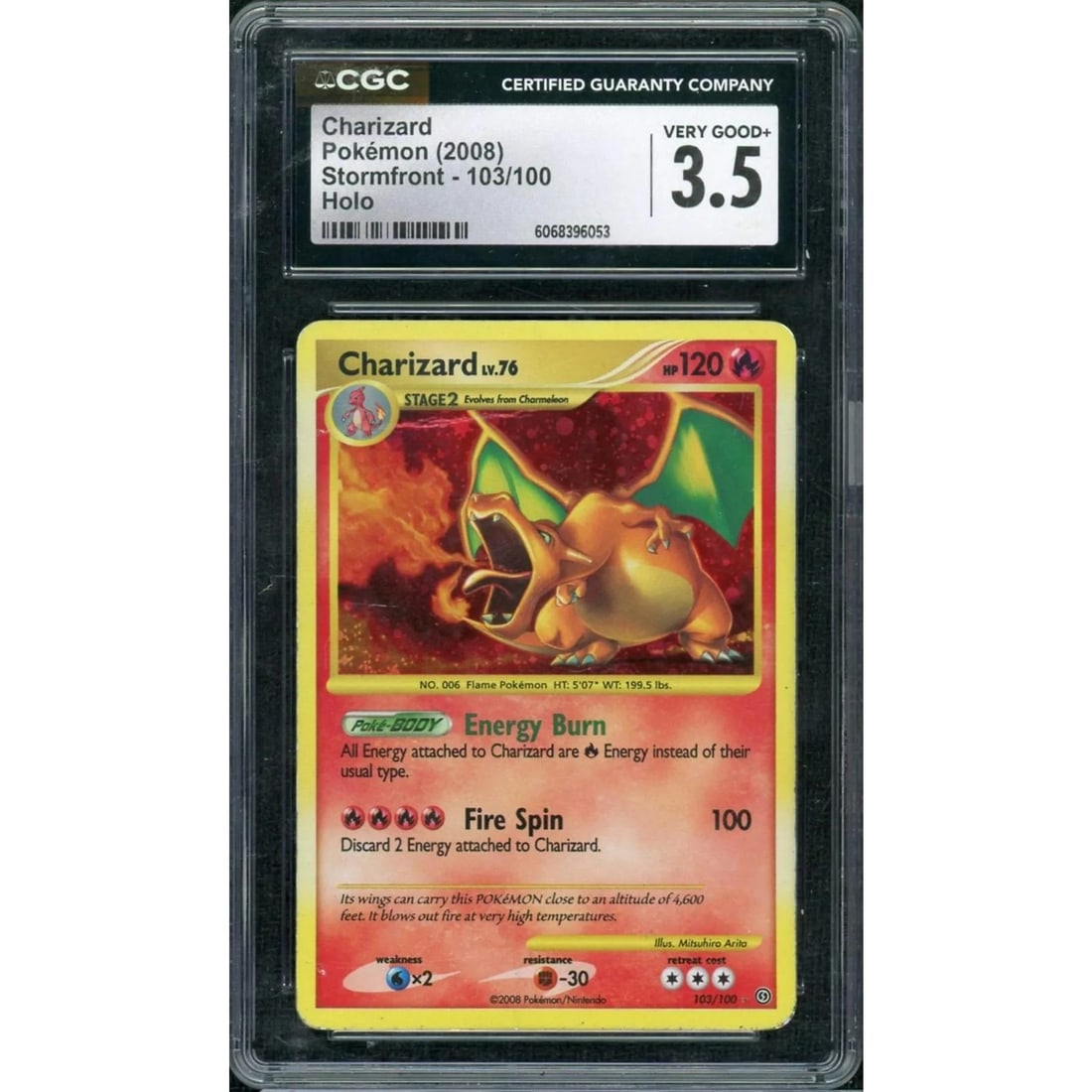 2008 Pokemon Diamond & Pearl Stormfront Charizard Holo 103/100 CGC 3.5: Manufacturer: Pokemon Product: Pokemon Series: Diamond & Pearl Release Date: Not Announced Specifications Manufacturer: Pokemon Product: 2008 Pokemon Diamond & Pearl Stormfront Charizard Holo 103/100 