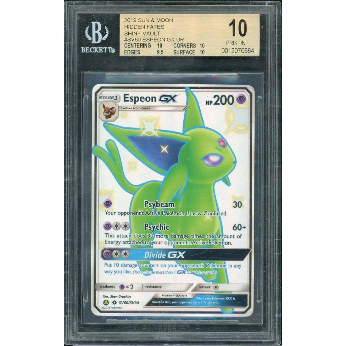 2019 Pokemon Sun & Moon Hidden Fates Espeon GX Ultra Rare SV60/SV94 BGS 10: Manufacturer: Pokemon Product: Pokemon Series: Sun & Moon Release Date: Not Announced Specifications Manufacturer: Pokemon Product: 2019 Pokemon Sun & Moon Hidden Fates Espeon GX Ultra Rare SV60/SV94 