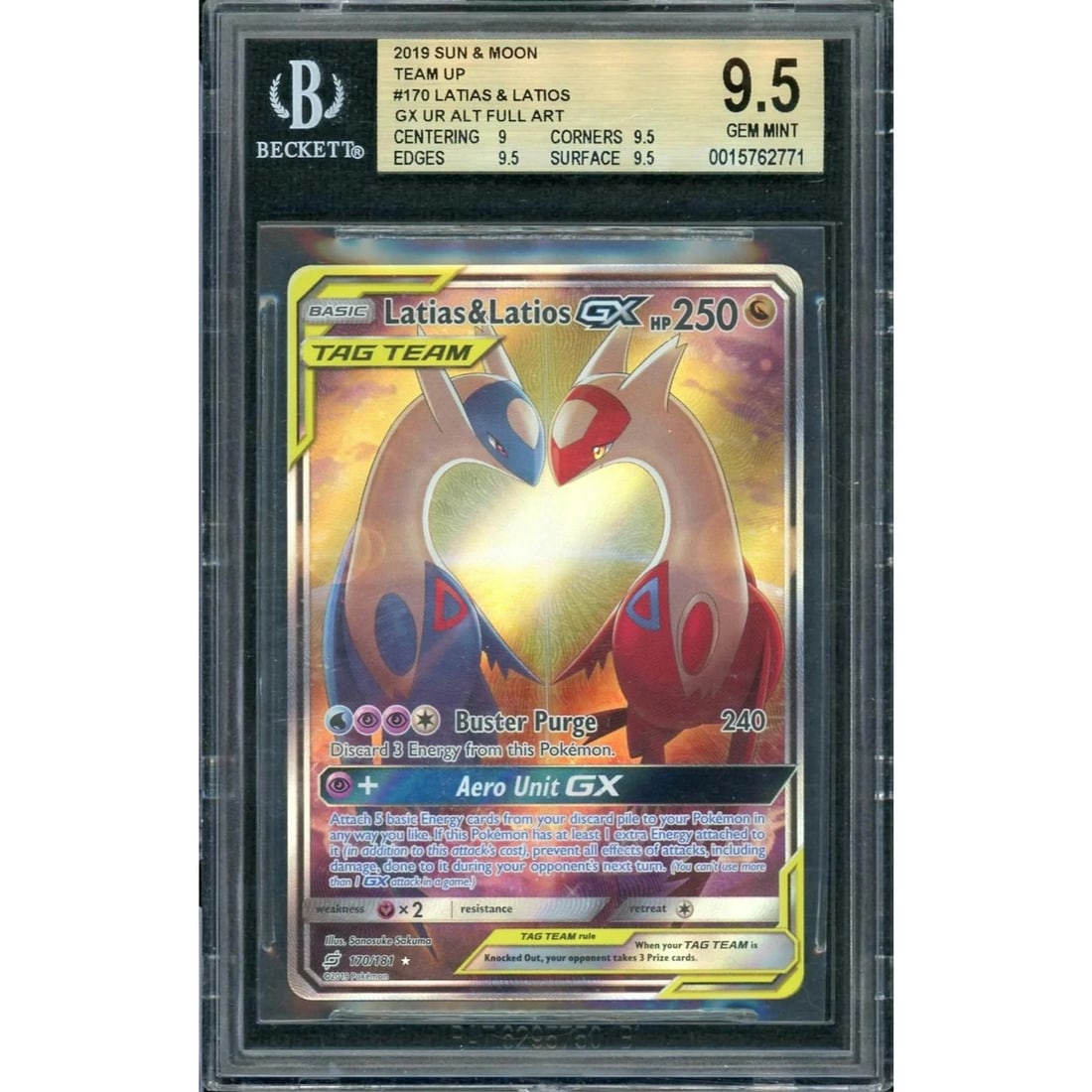2019 Pokemon Team Up Latias & Latios GxTag Team Alt Art Full Art #170 BGS 9.5: Manufacturer: Pokemon Product: Pokemon Series: Team Up Release Date: Not Announced Specifications Manufacturer: Pokemon Product: 2019 Pokemon Team Up Latias & Latios GxTag Team Alt Art Full Art #170