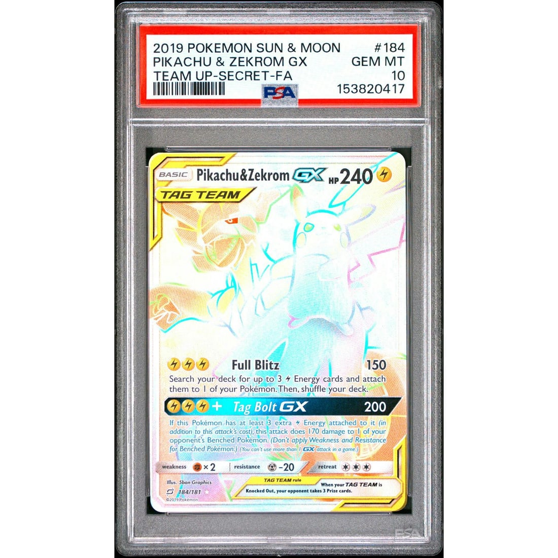 2019 Pokemon Team Up Pikachu & Zekrom Gx Tag Team Secret Full Art #184 PSA 10: Manufacturer: Pokemon Product: Pokemon Series: Team Up Release Date: Not Announced Specifications Manufacturer: Pokemon Product: 2019 Pokemon Team Up Pikachu & Zekrom Gx Tag Team Secret Full Art #184