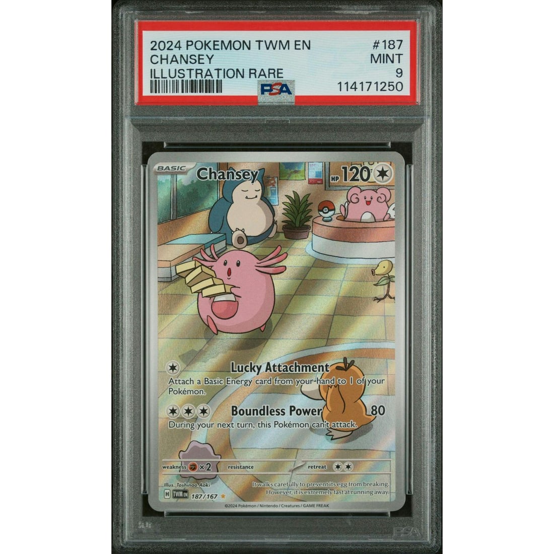 Pokemon Twilight Masquerade Chansey 187/167 PSA 9: Manufacturer: Pokemon USA Product: Pokemon Series: Twilight Masquerade Release Date: Not Announced Specifications Manufacturer: Pokemon Product: Pokemon Twilight Masquerade Chansey 187/167 PSA 9