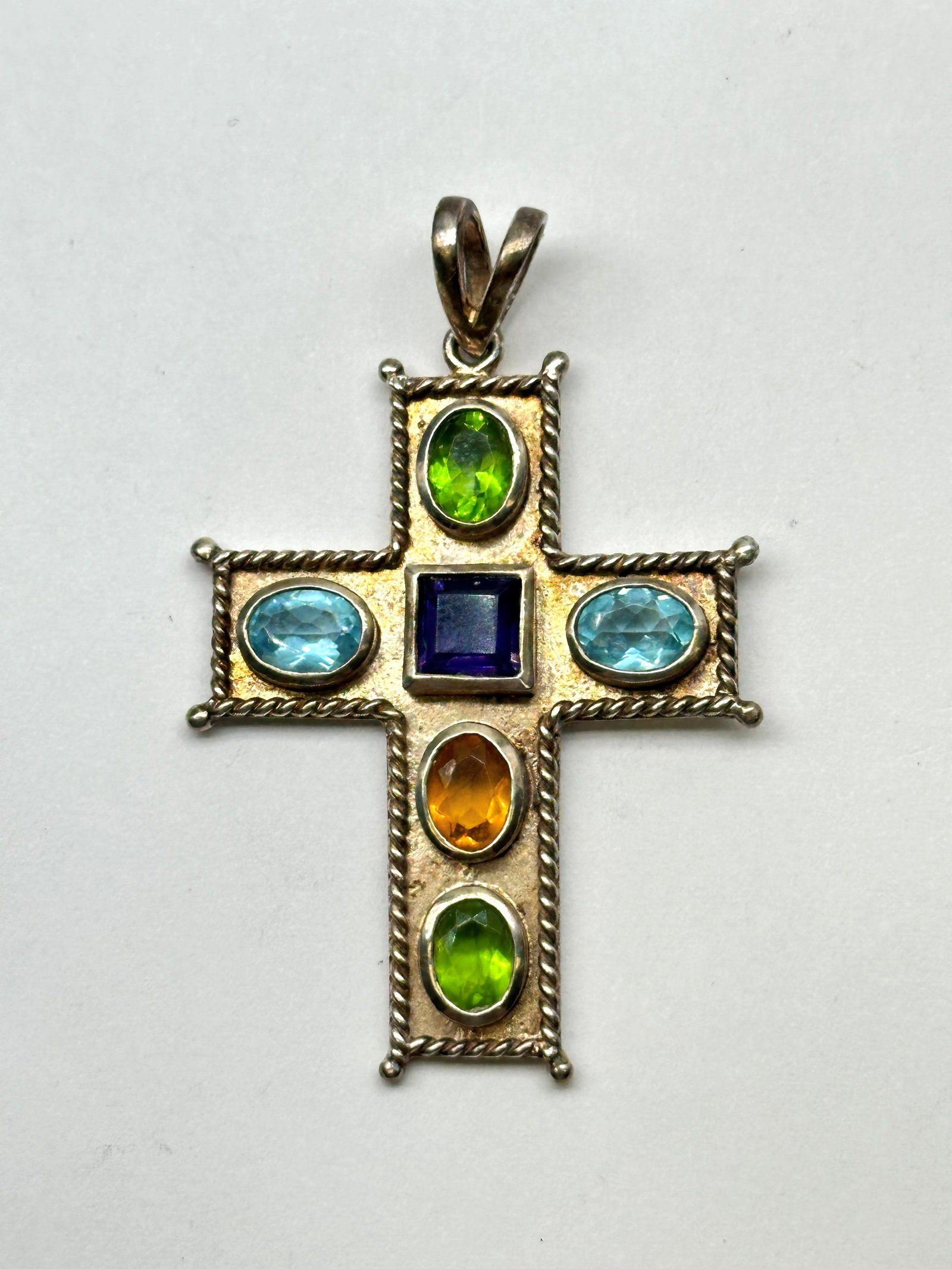 Large Sterling Multi-Gem Tourmaline Cross Pendant (1 of 4)