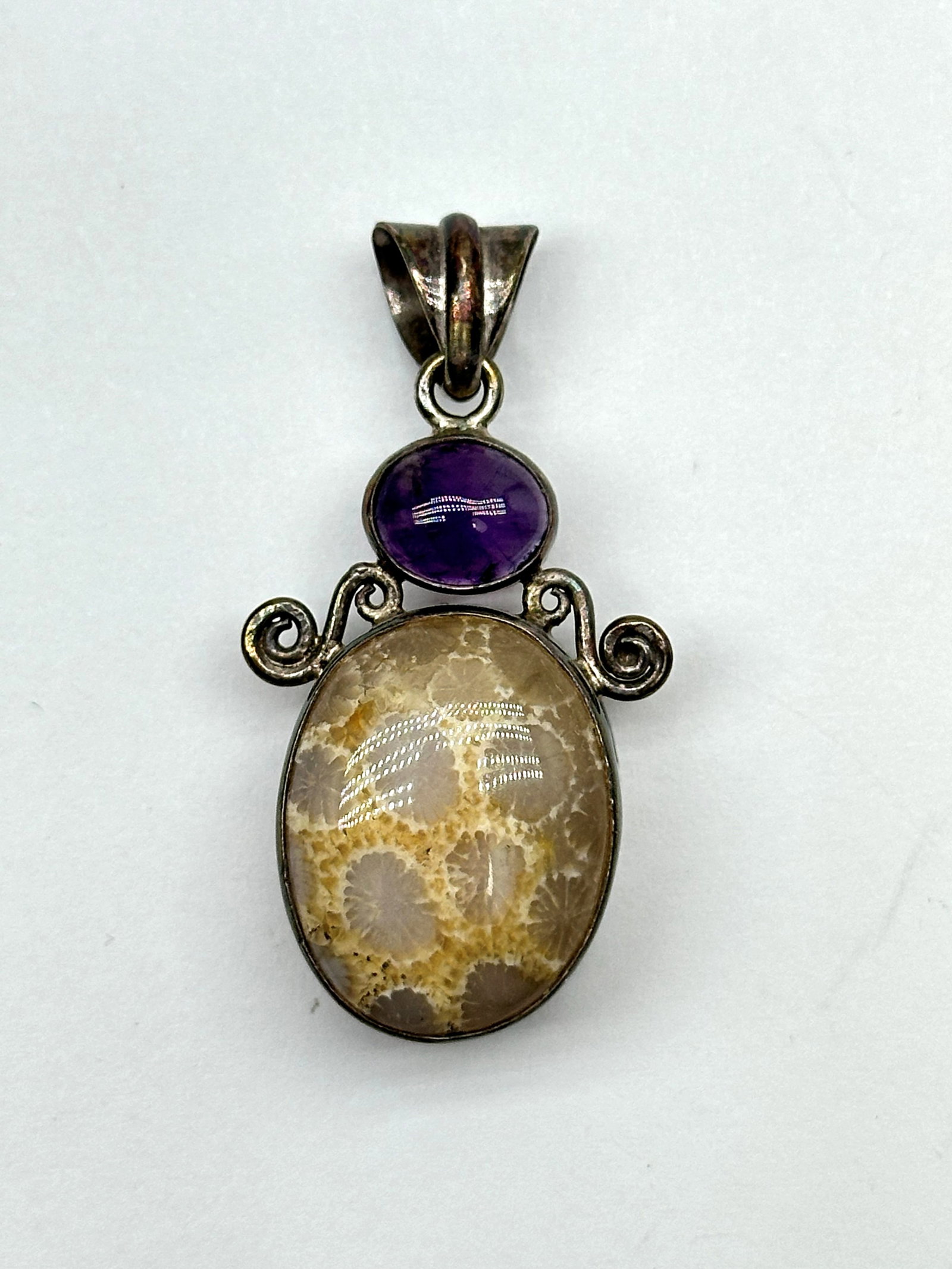 Sterling Fossilized Coral/Amethyst Pendant 10 Gr (1 of 4)