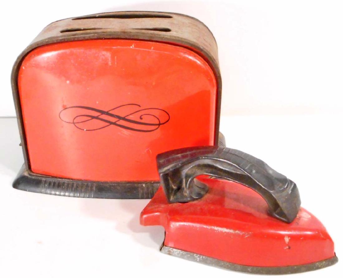 VINTAGE TIN LITHO TOY TOASTER & IRON: Toaster is 5.25" tall. Iron is marked Sunny Suzy