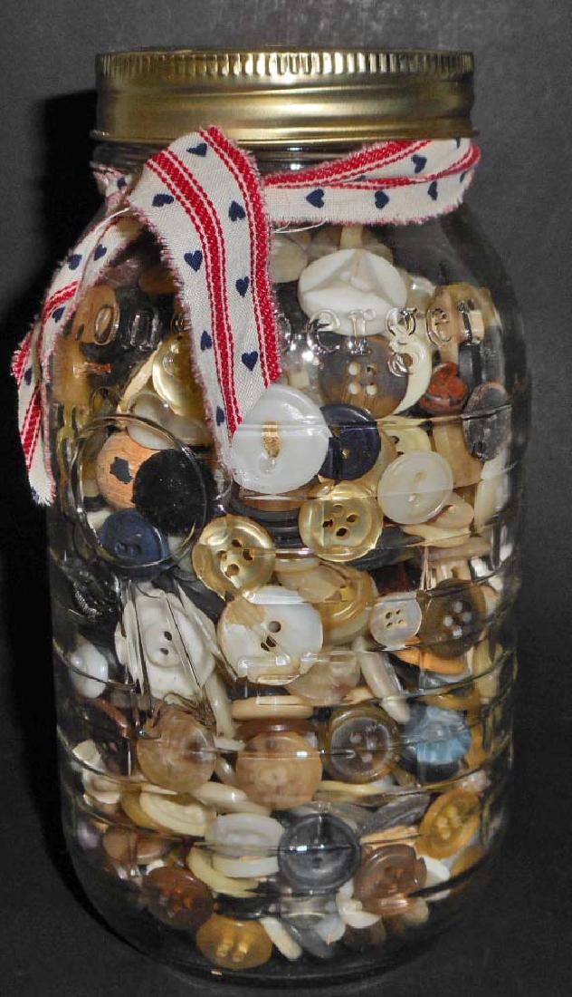 VINTAGE LONGABERGER GLASS JAR FULL OF VINTAGE BUTTONS: 7" tall