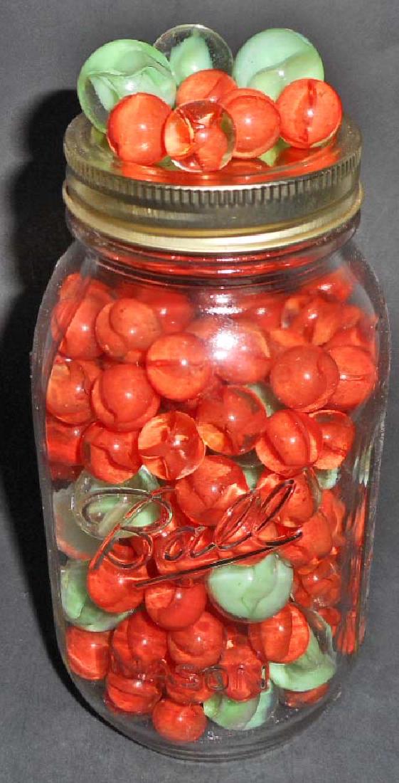 LARGE JAR FILLED W/ VINTAGE MARBLES: N/A