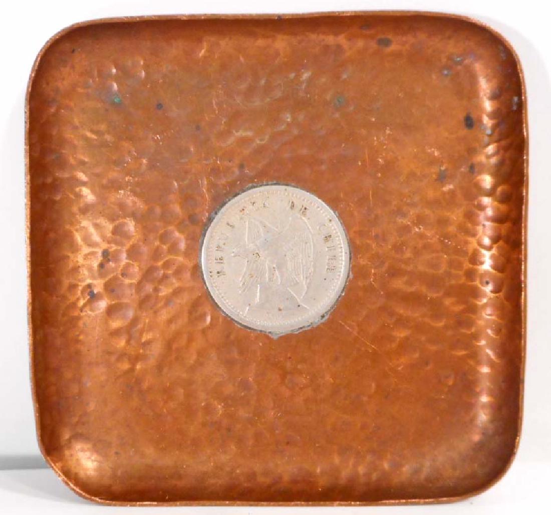 VINTAGE HAND HAMMERED COPPER COIN TRAY W/ COIN: 3.15" by 2.75". Coin is Republica De Chile. Stamped on the back Enrique Avalos Chile M.R.