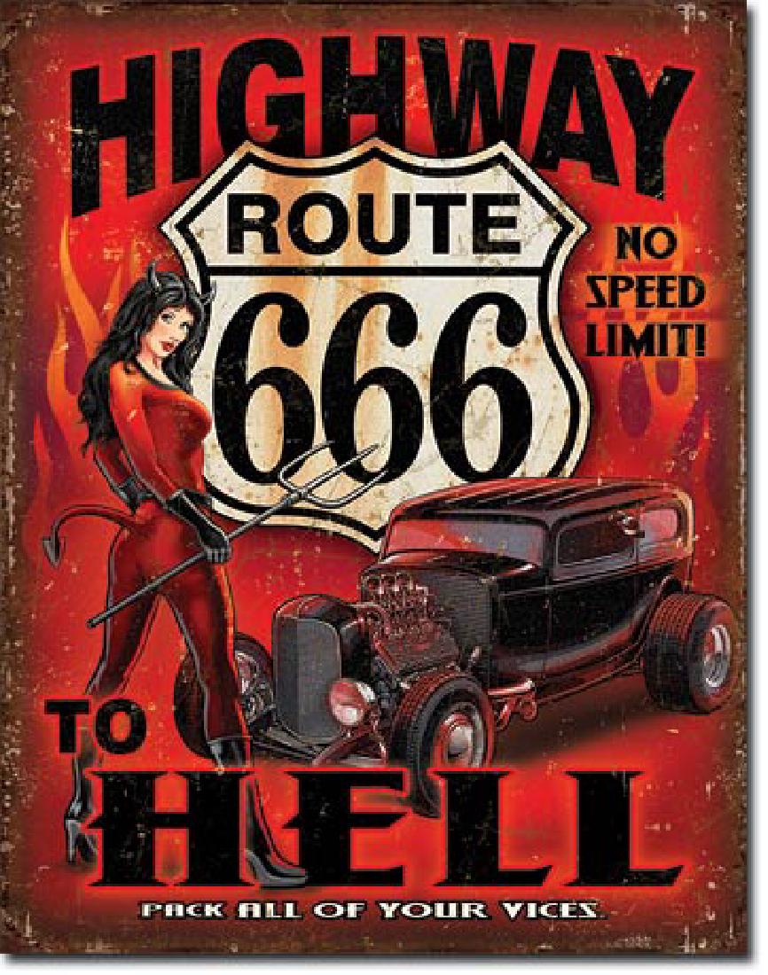 HIGHWAY TO HELL ROUTE 66 METAL SIGN 12.5" X 16": N/A