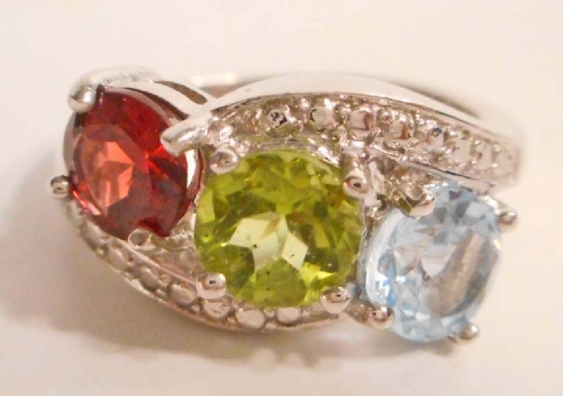 STERLING SILVER BLUE TOPAZ, PERIDOT & GARNET RING - (1 of 1)