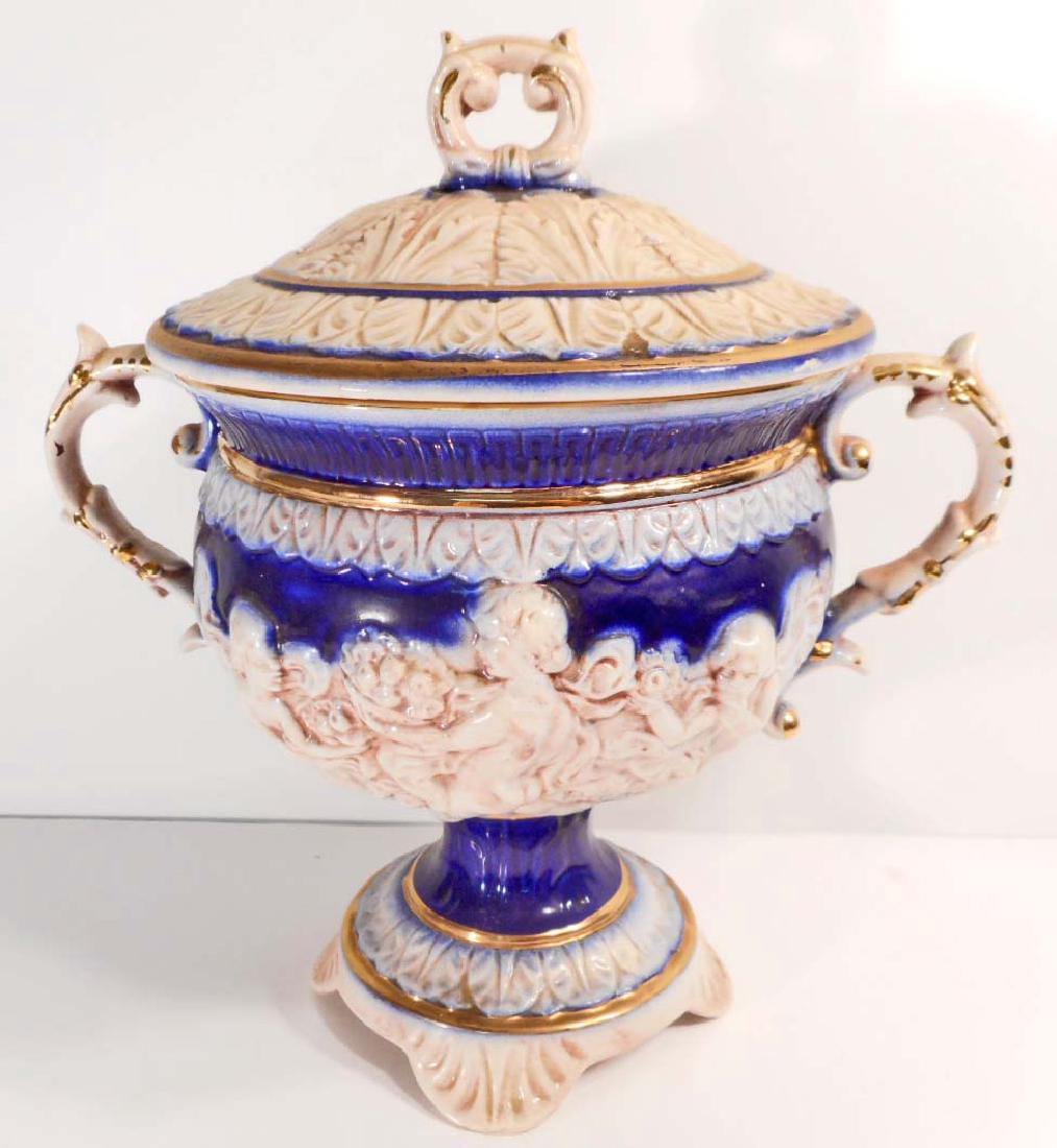 VINTAGE ITALIAN ART POTTERY ORNATE BAROQUE DOUBLE: Colbolt Blue & Gilt w/ Raised Relief Cherubs. 12.5" tall
