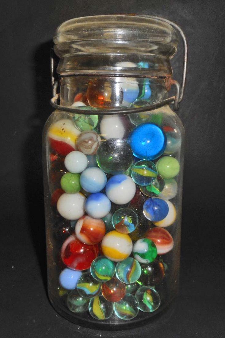LARGE JAR OF VINTAGE MARBLES - INCL. SHOOTERS (1 of 1)