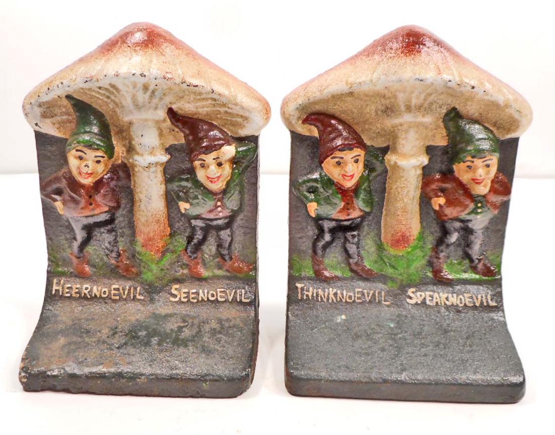 PAIR OF CAST IRON GNOME SEE NO EVIL BOOKENDS: 5.5" TALL
