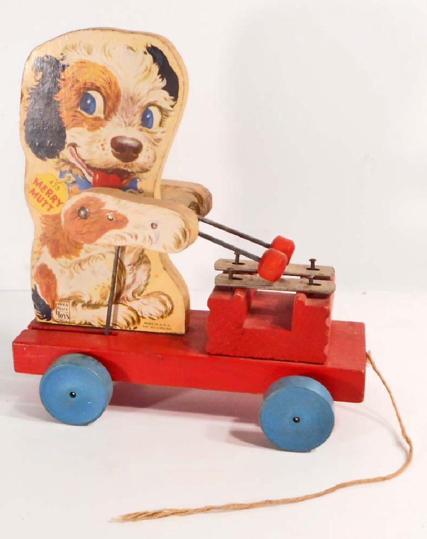 VINTAGE FISHER PRICE MERRY MUTT WOODEN MUSICAL PULL TOY: 8.5" tall