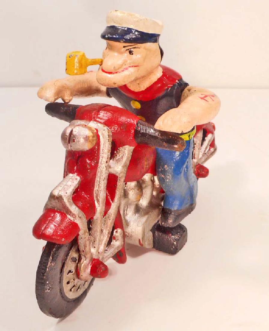 CAST IRON POPEYE ON MOTORCYCLE TOY: 8" LONG