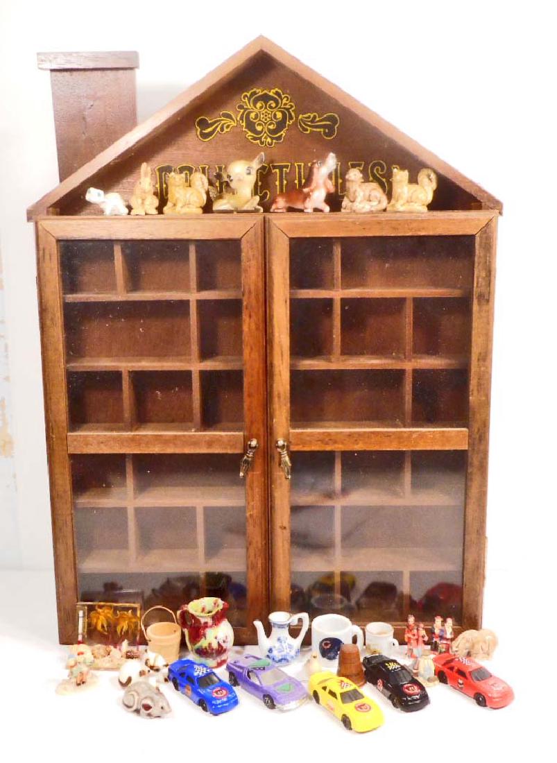 VINTAGE COLLECTIBLES WALL HANGING SHELF W/ KNICK KNACKS: Incl. Wade Figurines - 14" X 19"