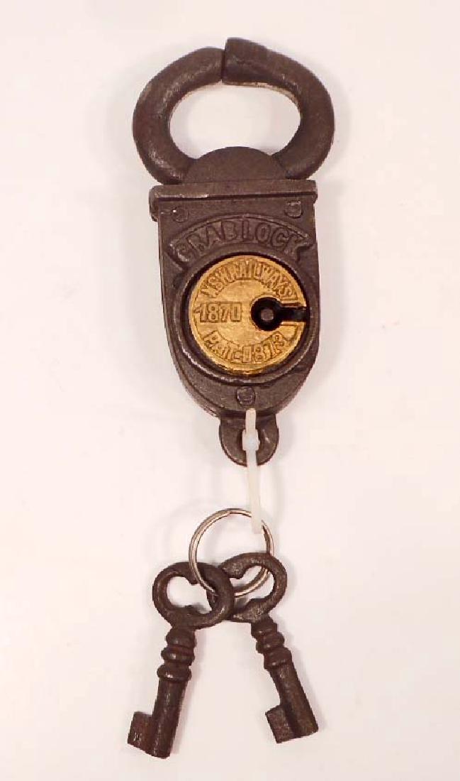 NSW RAILWAYS CAST IRON CRAB LOCK W/ KEYS: 5" tall