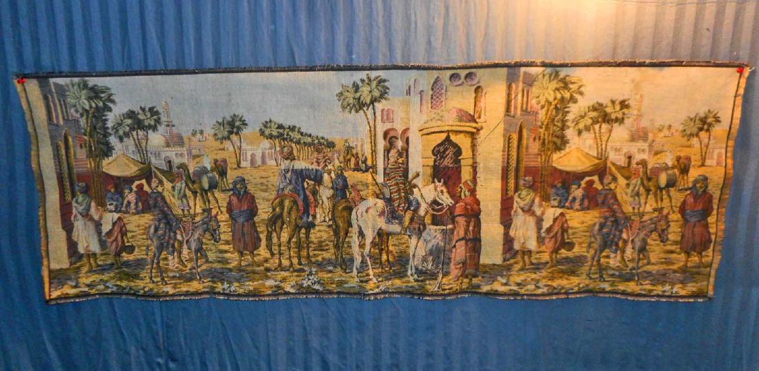 ANTIQUE TAPESTRY OF MIDDLE EASTERN STREET SCENE: 56" X 20"