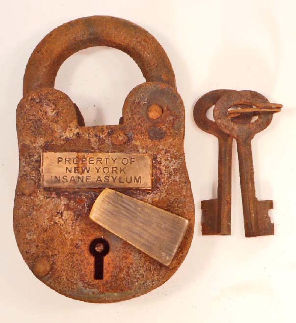 CAST IRON NY INSANE ASYLUM PADLOCK WITH KEYS: 4" TALL