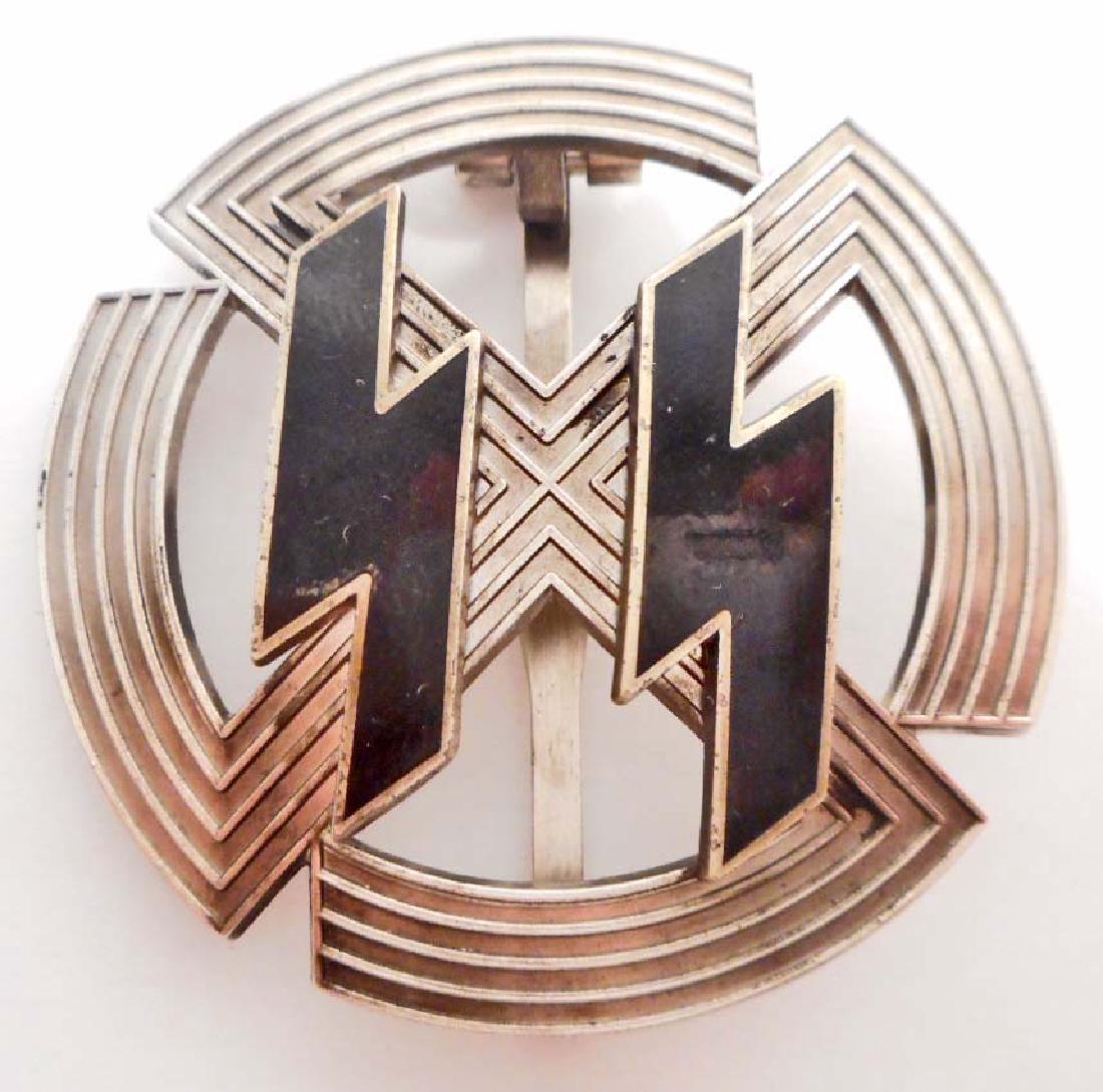 GERMAN NAZI WAFFEN SS SILVER SPORTS PROFICIENCY BADGE: Maker marked 'Richard Sieper & Sohne Ludenscheid RZM M1/25'. Has a wide vertical pin back. Three piece nickel construction with a pair of black enamel runics