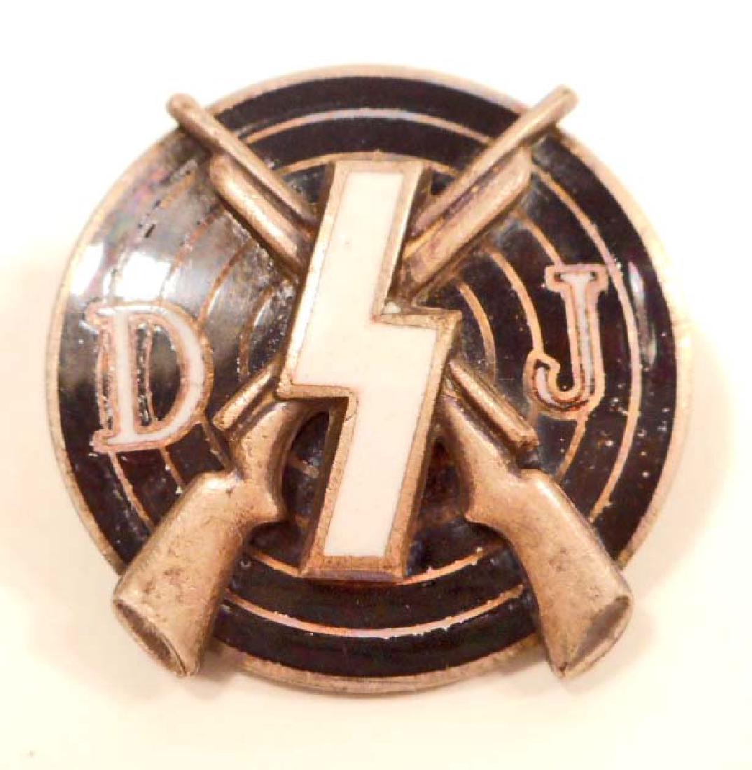 GERMAN NAZI DEUTSCHES YOUTH DJ MARKSMAN SHOOTING AWARD: Measures 7/8" in diameter. Maker marked 'RZM M1/123'. Pin back. Two piece nickel construction with enamel.