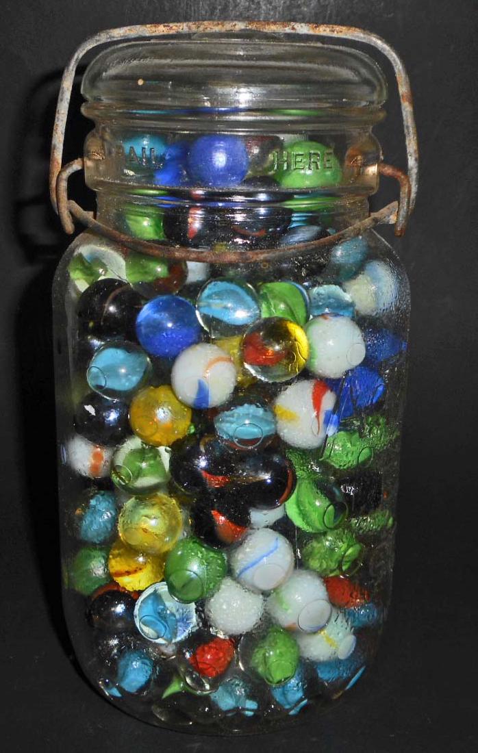 LARGE JAR OF VINTAGE MARBLES - INCL. SHOOTERS: N/A