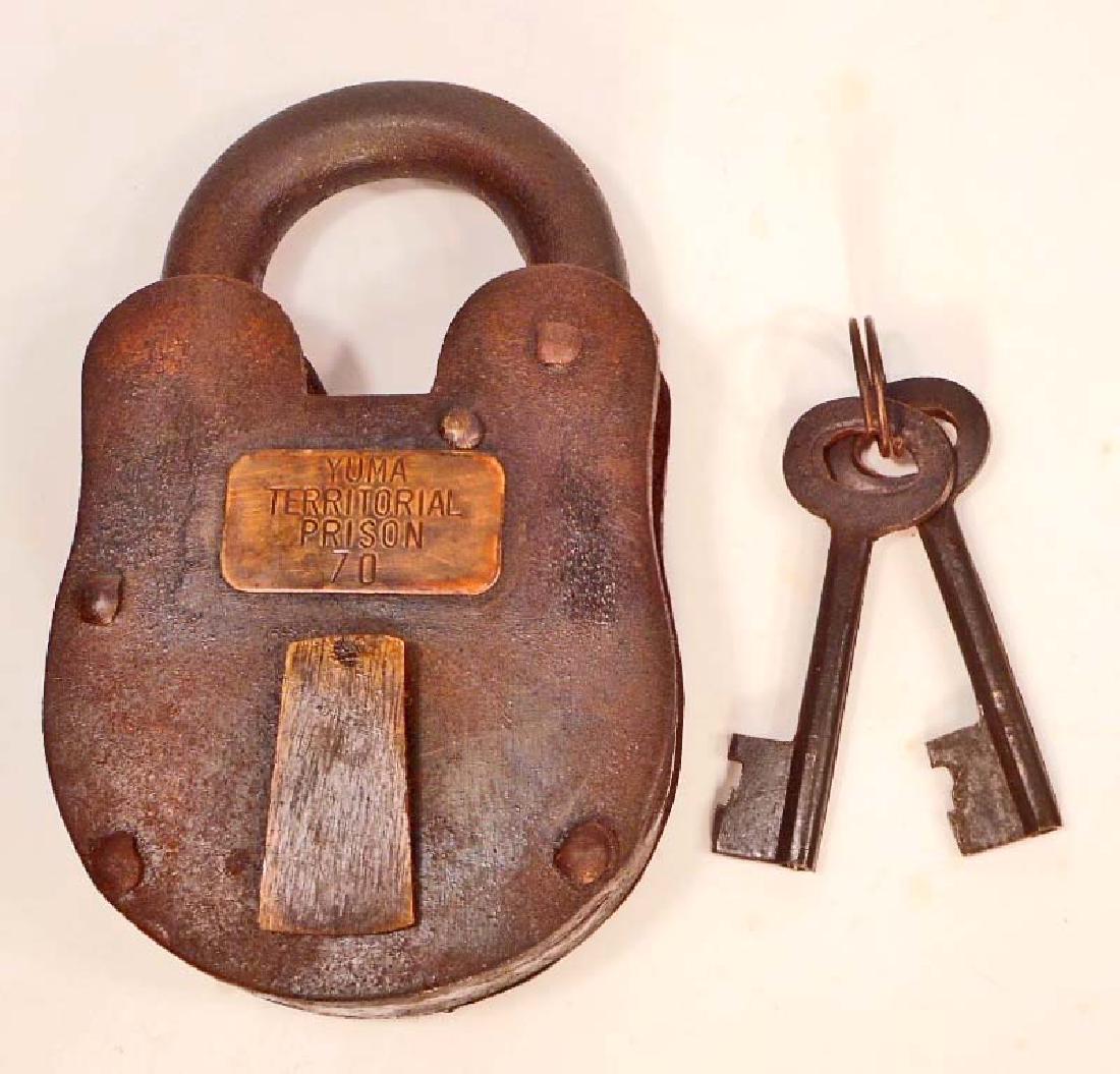 CAST IRON YUMA TERRITORIAL PRISON PADLOCK W/ KEYS: 5" tall