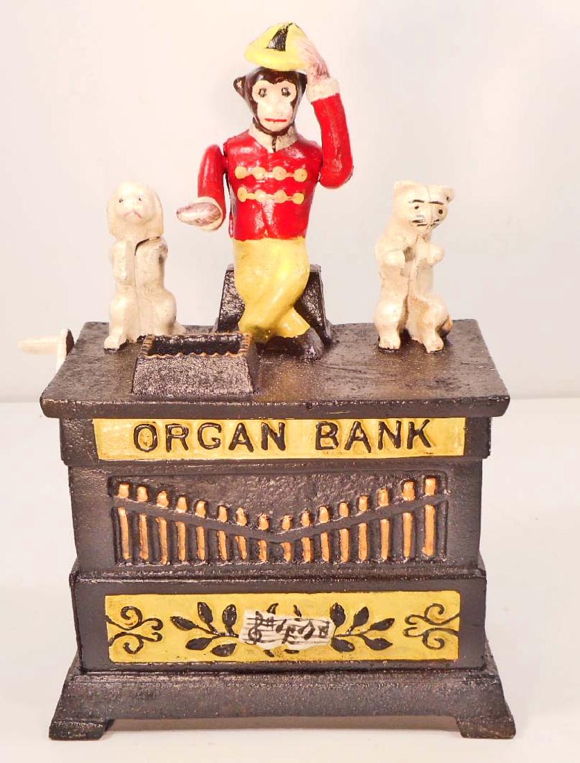 CAST IRON ORGAN GRINDER MONKEY MECHANICAL BANK: 8" TALL