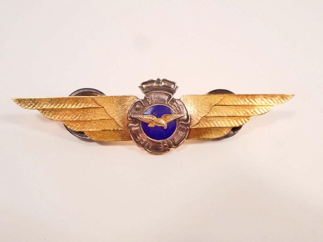 GERMAN NAZI FINLAND LUFTWAFFE AXIS PILOT WING: Measures 3 1/2" wide by 15/16" tall. Has Two (2) screw mount posts and nuts on the reverse side. One piece brass construction with enamel.
