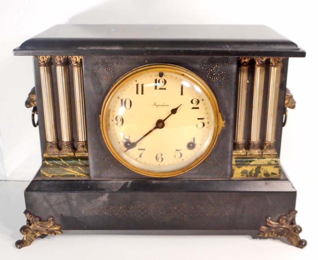 VINTAGE INGRAHAM MANTLE CLOCK W/ LION HEADS