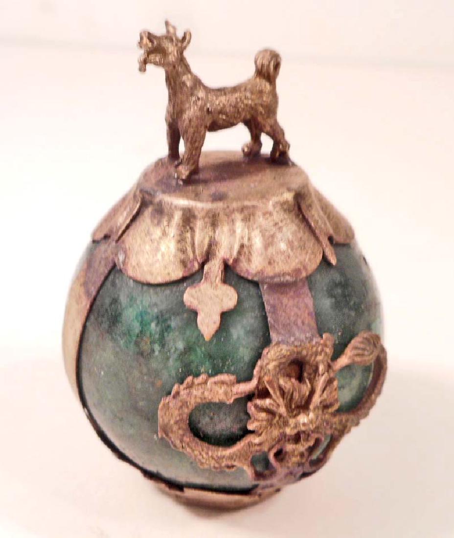 GREEN JADE & TIBETAN SILVER ZODIAC DOG BALL STATUE (1 of 1)