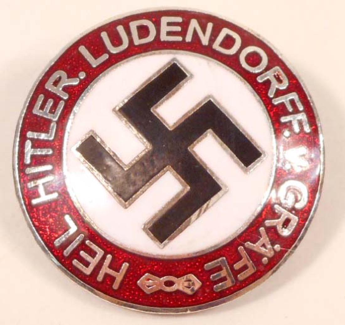 GERMAN NAZI HEIL HITLER LUDENDORFF V GRAFE LAPEL PARTY: Measures 7/8" in diameter. The reverse side is maker marked 'RZM M1/173 ges gesch'. Has a thin horizontal pin back. Nickel construction with enamel.