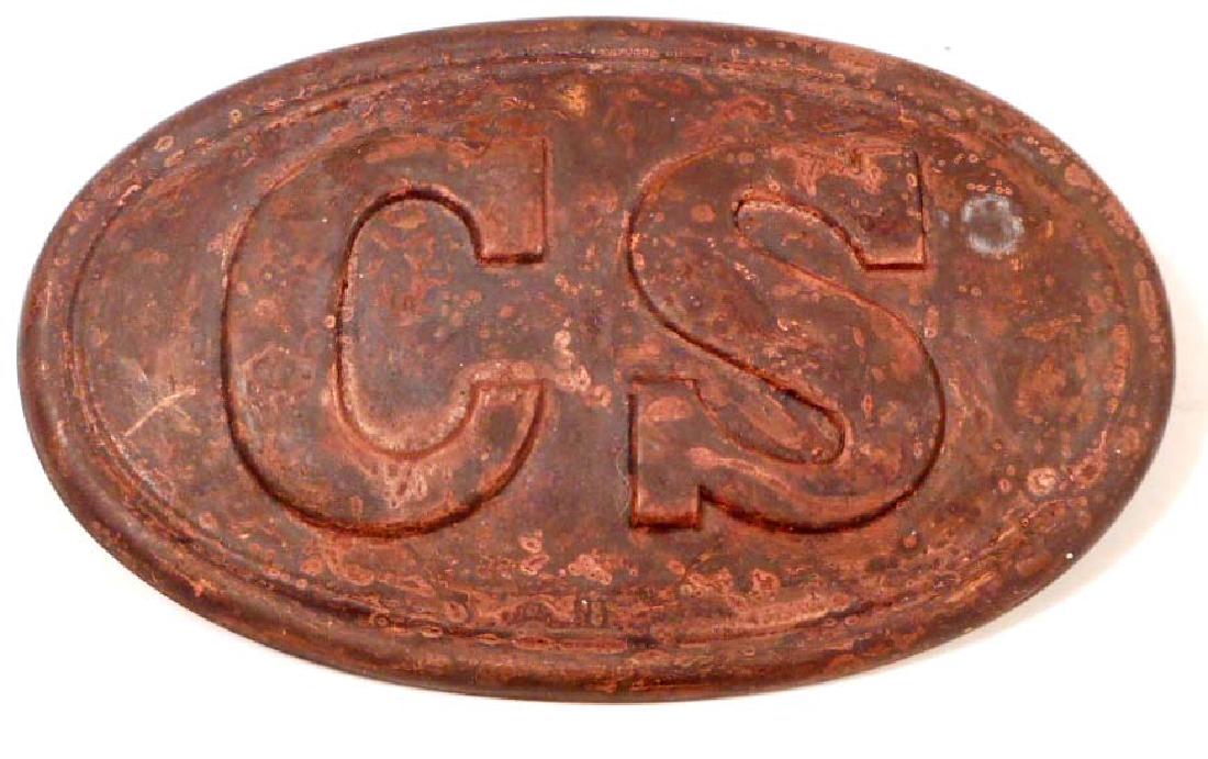 CONFEDERATE STATES CIVIL WAR AMMUNITION CARTRIDGE BOX: Measures 3 3/8" wide by 2 1/8" tall. The front reads 'CS'. Has Two (2) eyelet loops on the reverse side for securing onto the front of the leather pouch. Stamped brass construction with a lead filled 