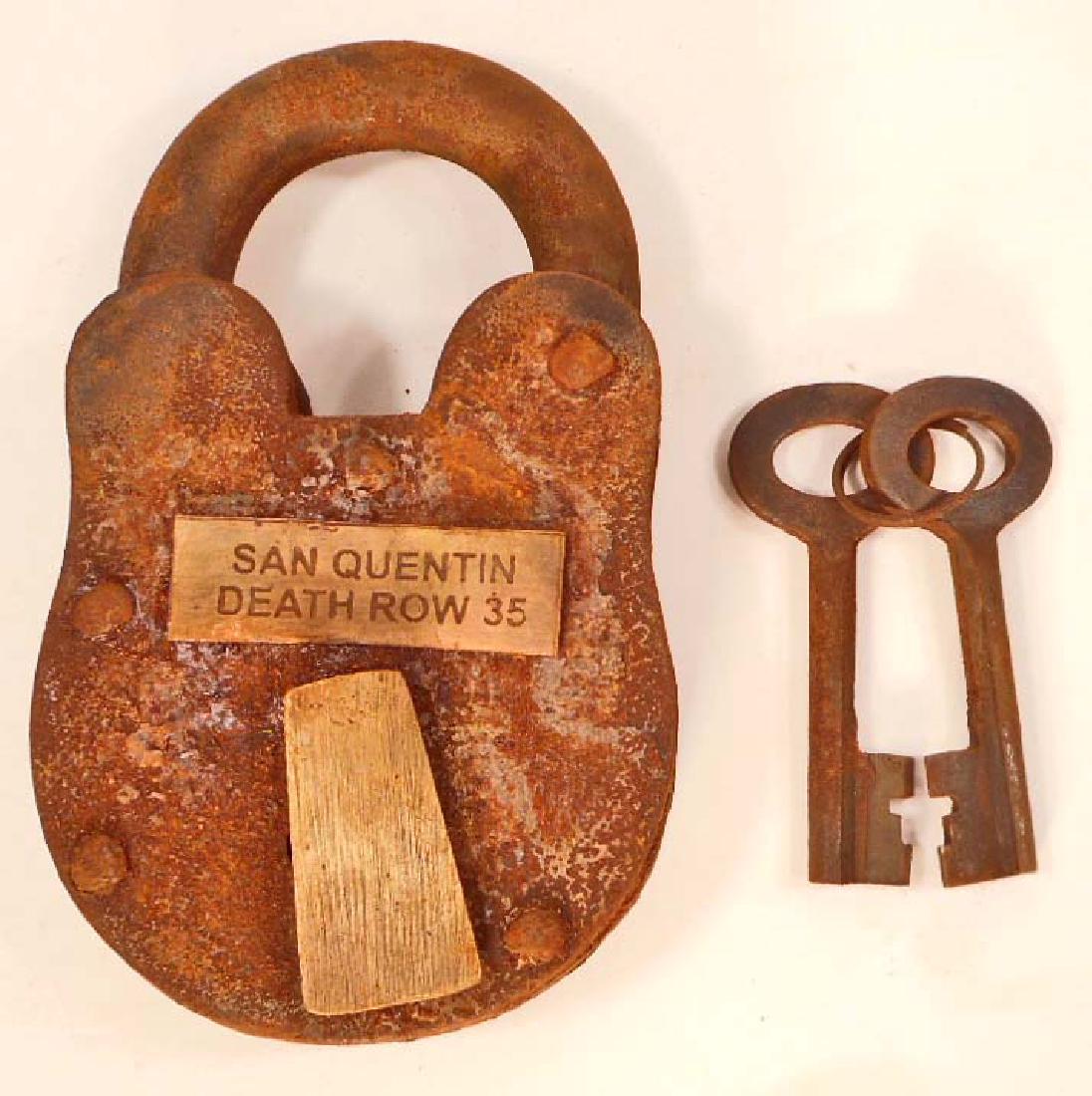 CAST IRON SAN QUENTIN DEATH ROW PADLOCK WITH KEYS: 4" TALL
