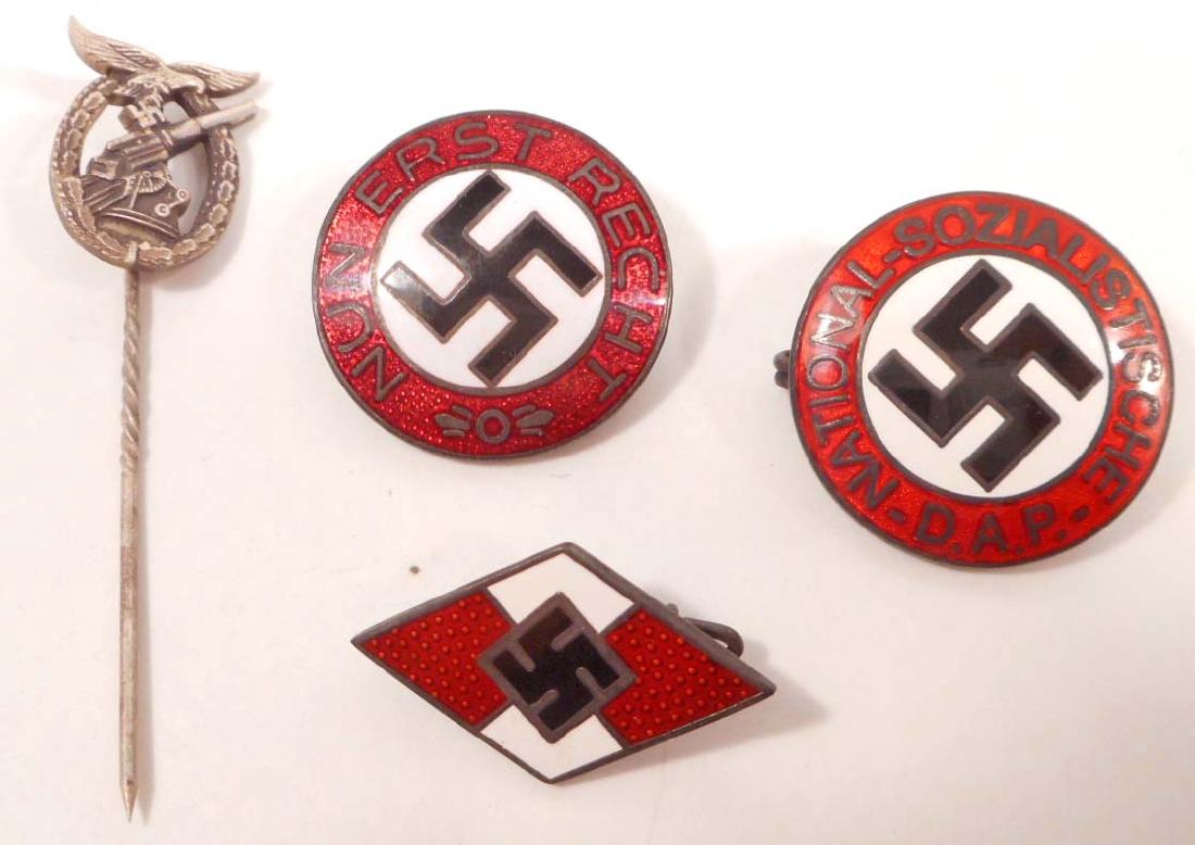 LOT OF 3 GERMAN NAZI ENAMELED PARTY LAPEL BADGES: Includes: Hitler Youth HJ; NSDAP; Nun Erst Recht'. All are 'RZM' maker marked. They have a thin horizontal pin back. Also included is a Luftwaffe Flak Artillery Badge stick pin. Nickel construction