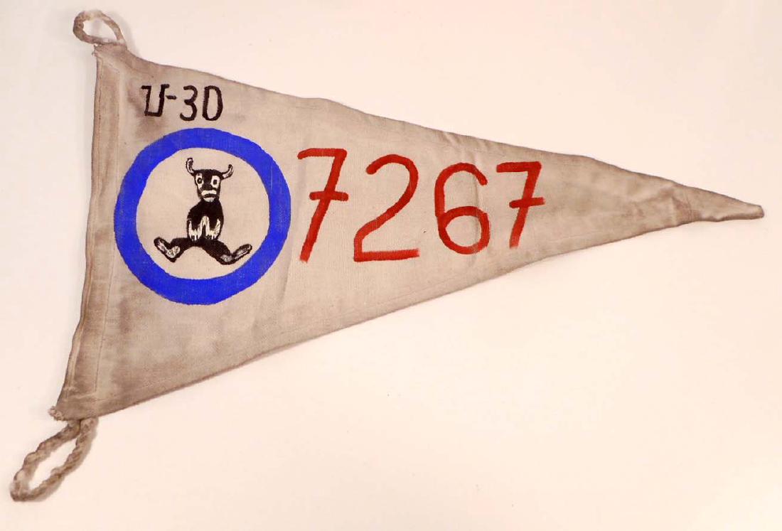 GERMAN NAZI KRIEGSMARINE NAVAL U-BOAT SUBMARINE TONNAGE: Measures 19 1/4" wide by 11" tall. The front is hand painted 'U-30 7267.' There is a bull in the center of a blue circle. Has Two (2) rope loops on One (1) end for securing onto a pole. Machine sewn b