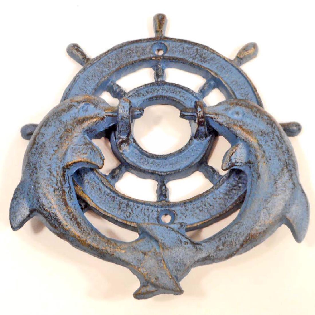 CAST IRON NAUTICAL DOLPHIN & SHIP WHEEL DOOR KNOCKER: 5.5" diameter