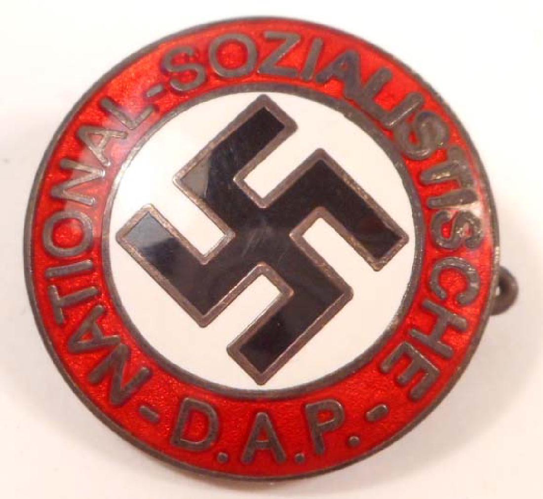 GERMAN NAZI NSDAP OLITICAL SWASTIKA PARTY BADGE: Measures 7/8" in diameter. The front reads 'National Sozialistiche DAP'. The reverse side is maker marked 'RZM M1/123'. Has a thin horizontal pin back. Nickel construction with enamel