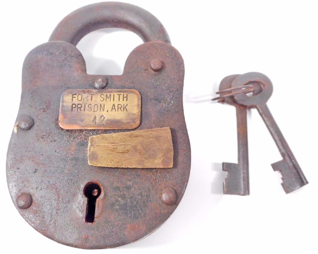 LARGE FORT SMITH PRISON CAST IRON PADLOCK W/ KEYS: 5" tall
