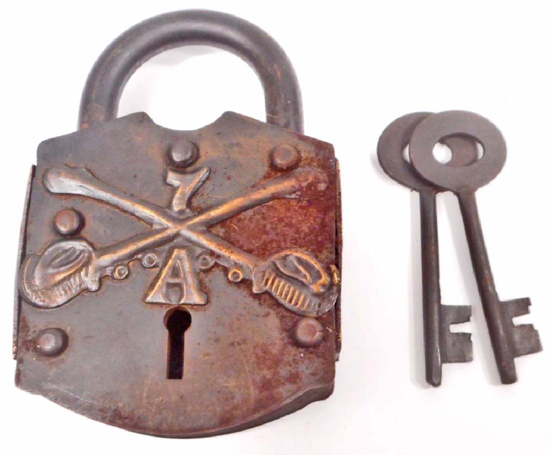 7TH CAVALRY AMMO BOX CAST IRON PADLOCK W/ KEYS: 4" tall