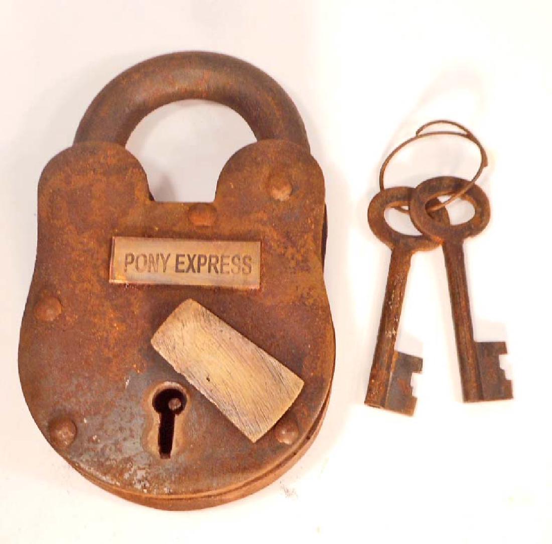 CAST IRON PONY EXPRESS PADLOCK W/ KEYS: 5" tall