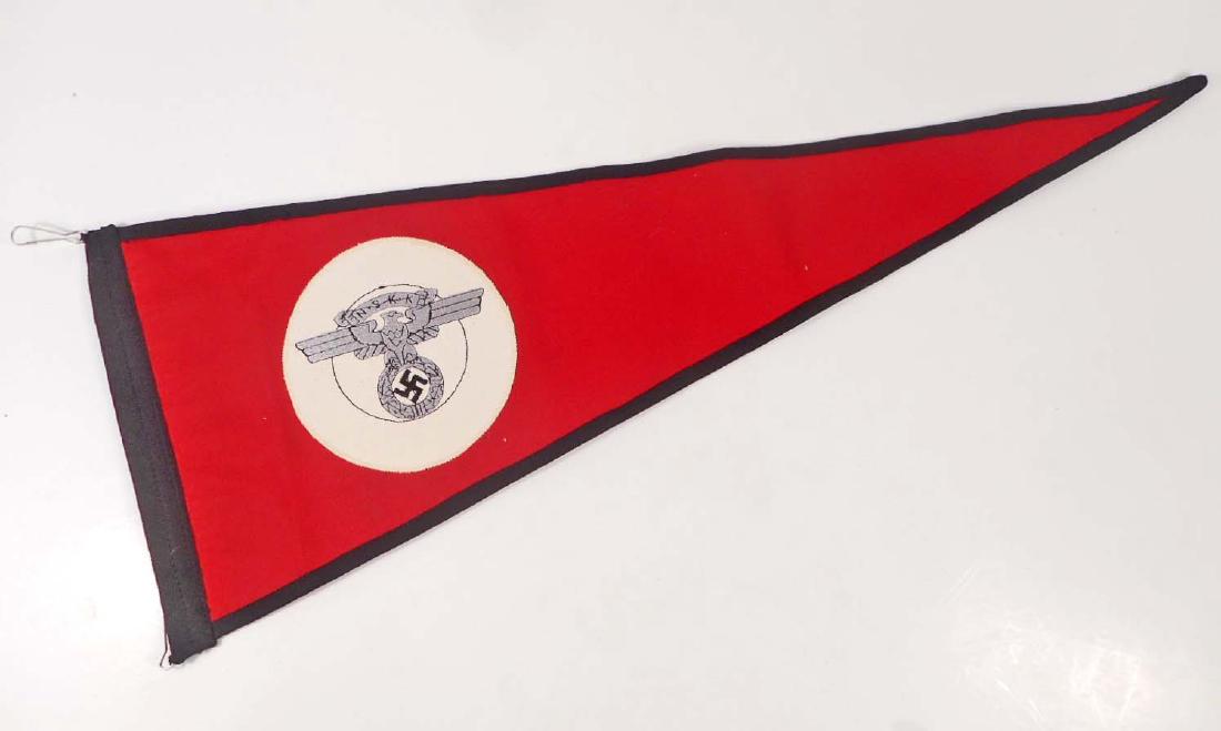 GERMAN NAZI NSKK MOTORCYCLE KORPS OFFICERS STAFF CAR: Measures 21 3/4" wide by 8" tall. Has a machine embroidered NSKK eagle patch in the center. There are Two (2) metal clips on the One (1) end for attaching to the staff car pole. Double sided machine e