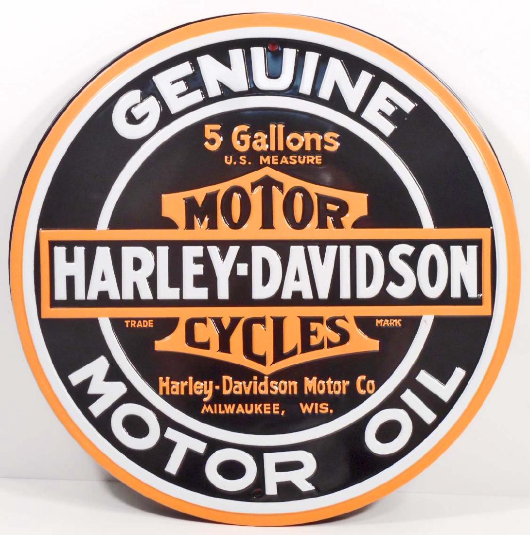 HARLEY DAVIDSON MOTOR OIL ROUND EMBOSSED METAL TIN SIGN: 14" Diameter