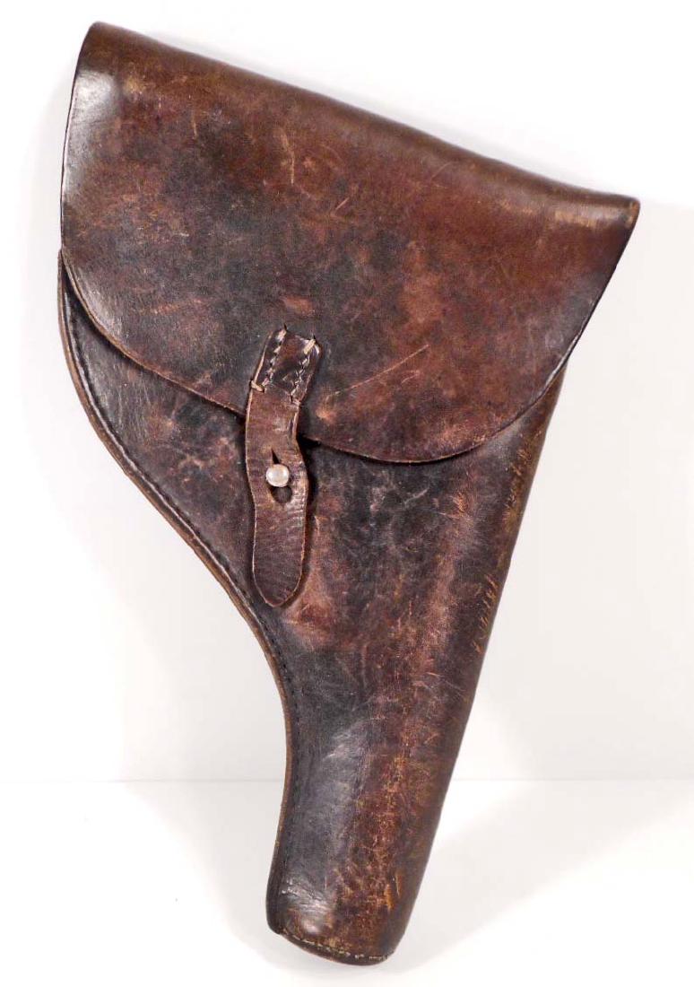 GERMAN NAZI ARMY FLAIR PISTOL LEATHER HOLSTER: Measures 7 9/16' wide by 11 1/4" long. The reverse side is marked with a German WWII army waffen ampt eagle with 'WaA 655' below. Machine sewn black leather construction.