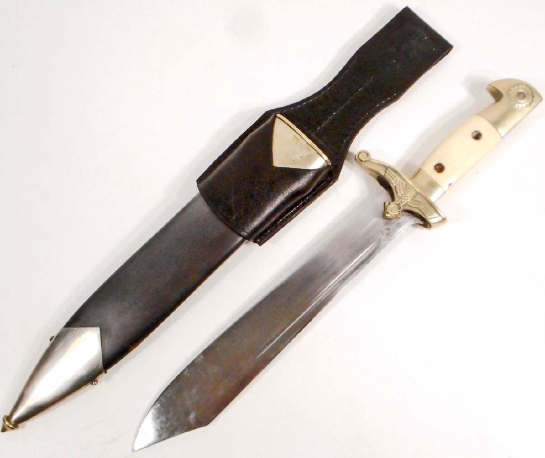 GERMAN NAZI TENO TECHNICAL EMERGENCY EM DAGGER W/: Measures 15 1/2" long overall. The steel blade is marked with the TENO eagle and marked 'ges gesch'. It is also maker marked 'Original Eickhorn Solingen'. Their squirrel logo is in the center. Measure