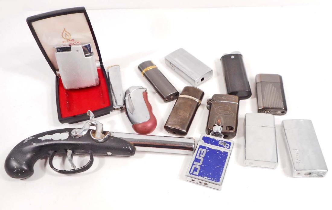 LOT OF 13 VINTAGE LIGHTERS: Lot of 13 vintage lighters including Gun Shaped lighter and Ronson in the original case