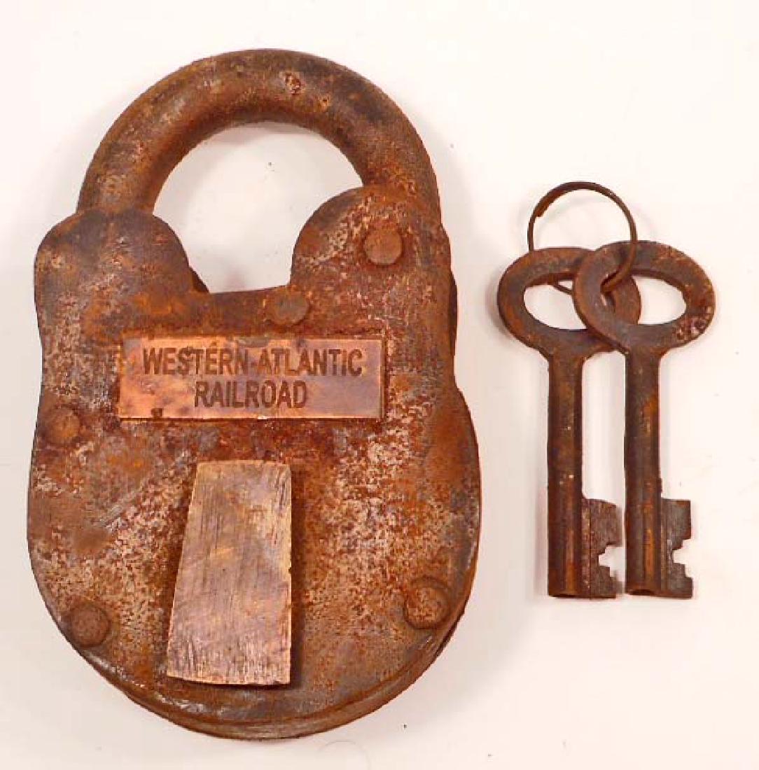 CAST IRON WESTERN ATLANTIC RAILROAD PADLOCK WITH KEYS: 4" TALL
